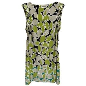 London Times Lime Green Leaves Ruffled Shift Dress, Size 4